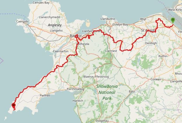 Map of the Welsh Camino starting from Flintshire to Aberdaron