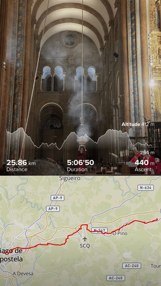 Day 13 Camino Primitivo: A Brea to Santiago, daily stats and map
