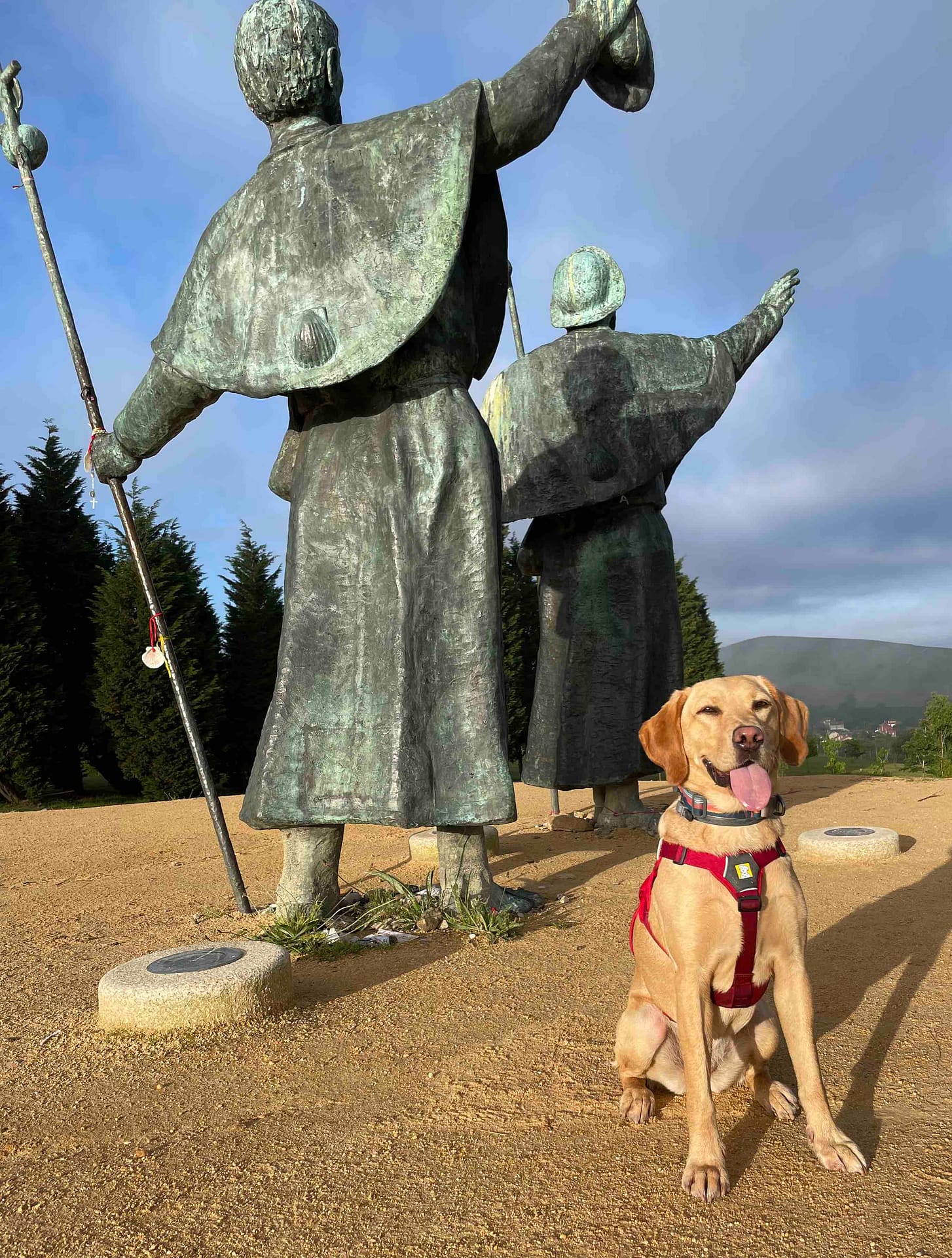 Happy Camino dog smiling by the pilgrim statues at Monte de Gozo